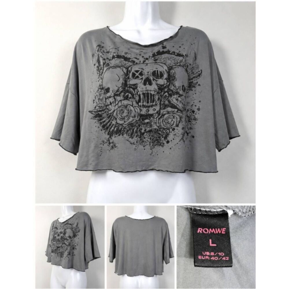 Romwe Skull Graphic Crop Tee Gray L